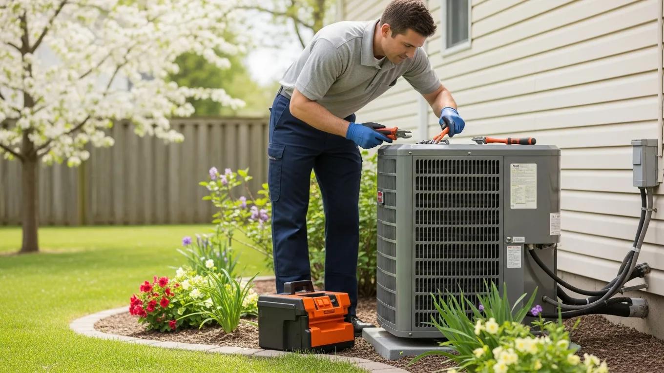 Technician performing a spring AC tune-up on a residential air conditioning unit in a blooming backyard