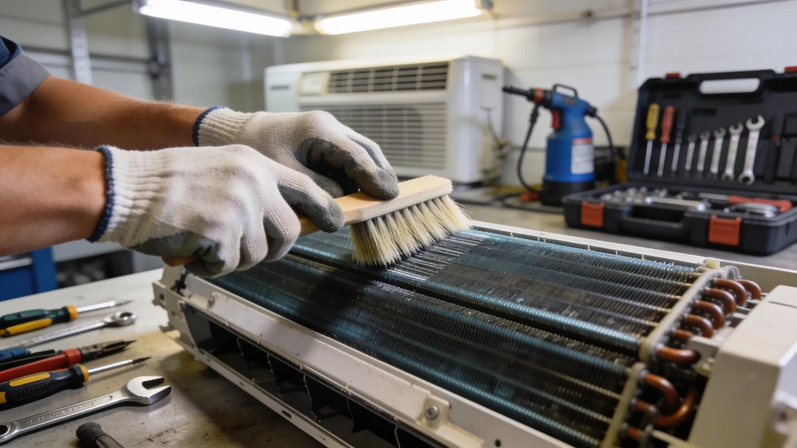 Keep Your Cool: Essential AC Maintenance Tips for Summer 3 Technician cleaning air conditioning coils, demonstrating best practices for summer maintenance